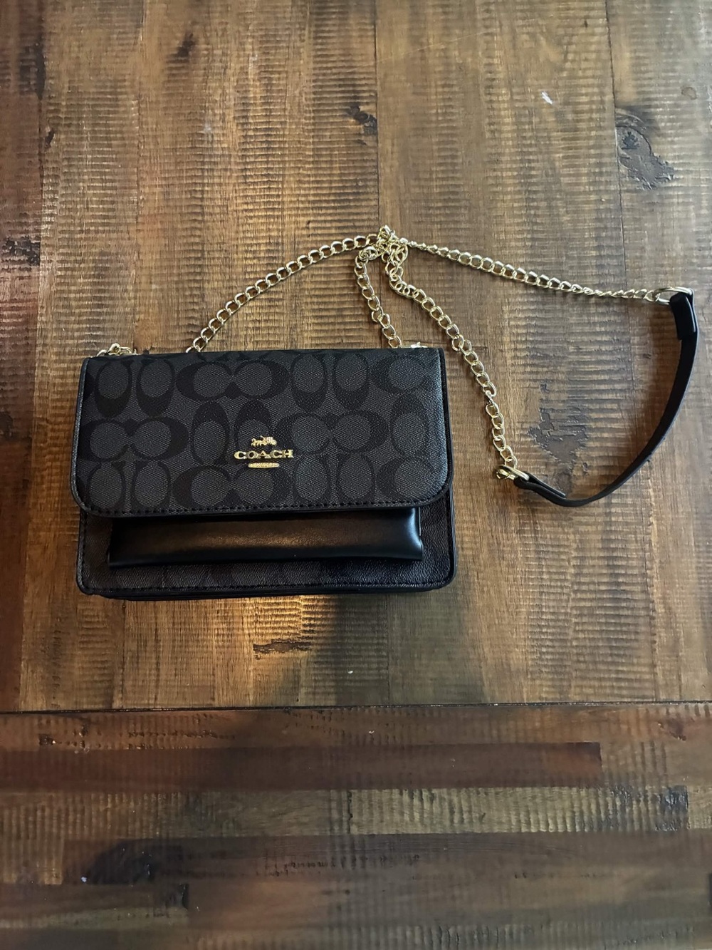 Coach Brown and Black Signature Flap Crossbody with Gold Chain